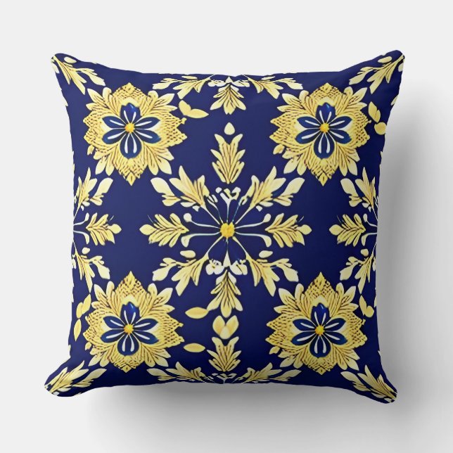 Elegant bloemmotief in goud en blauw kussen (Voorkant)
