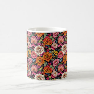 Elegant bloemmotief met felle kleuren op zwart koffiemok