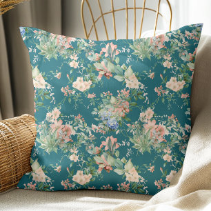 Elegant Bloempatroon Donker Blauwgroen Kussen
