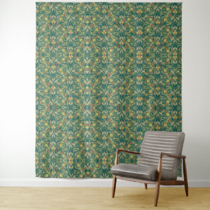 Elegant bloempatroon in geel en rood op groen wandkleed