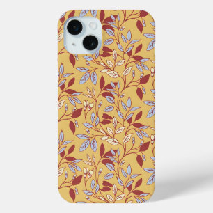 Elegant bloempatroon met rode en blauwe bladeren iPhone 15 mini hoesje