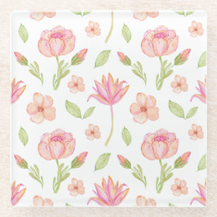 Elegant bloempatroon met roze pioenrozen en lelies glazen onderzetter