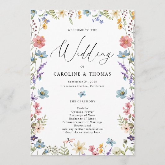 Elegant Bloom Wildflower Script Bruiloft Programma (Voorkant)