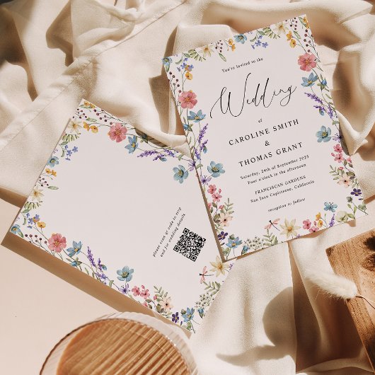 Elegant Bloom Wildflower Script QR Code Bruiloft Kaart