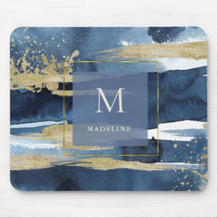 Elegant Blue   Abstract goud met monogram Muismat
