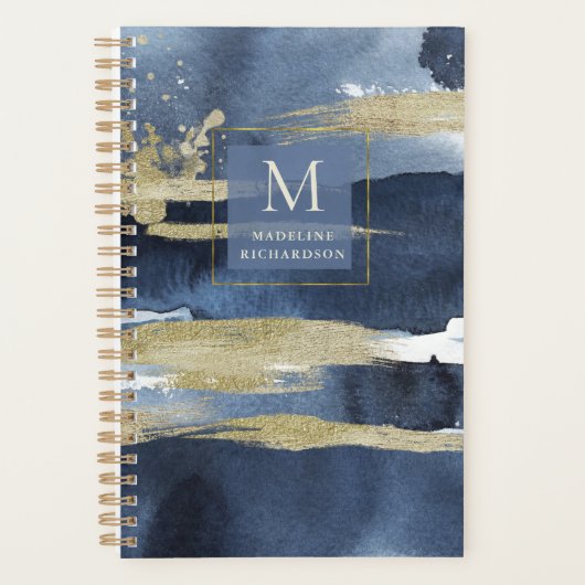 Elegant Blue | Abstract goud met monogram Planner (Voorkant)