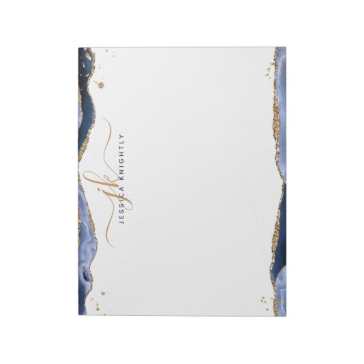 Elegant Blue Agate Script Monogram Initialen Notitieblok (Gedraaid)