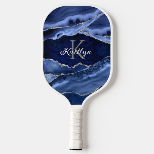Elegant Blue Agate Silver Glitter Monogram Naam Pickleball Paddle (Achterkant)