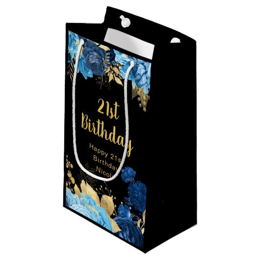 Elegant Blue and Gold Flowers Birthday Party Klein Cadeauzakje (Voorkant Gekanteld)