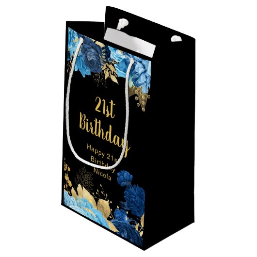 Elegant Blue and Gold Flowers Birthday Party Klein Cadeauzakje (Achterkant Gekanteld)