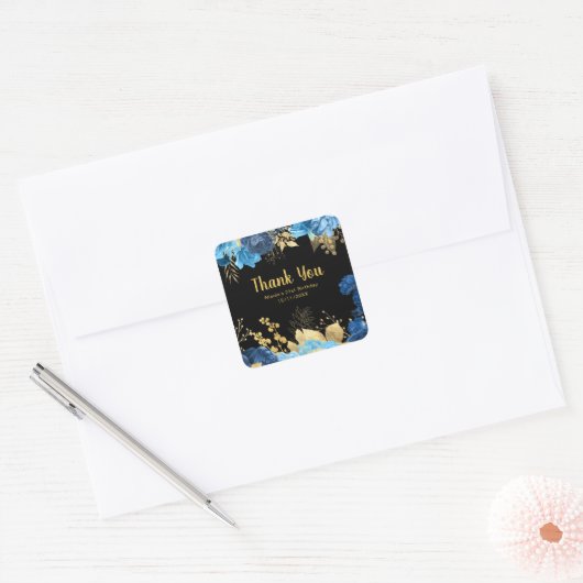 Elegant Blue and Gold Flowers Birthday Party Vierkante Sticker (Envelop)
