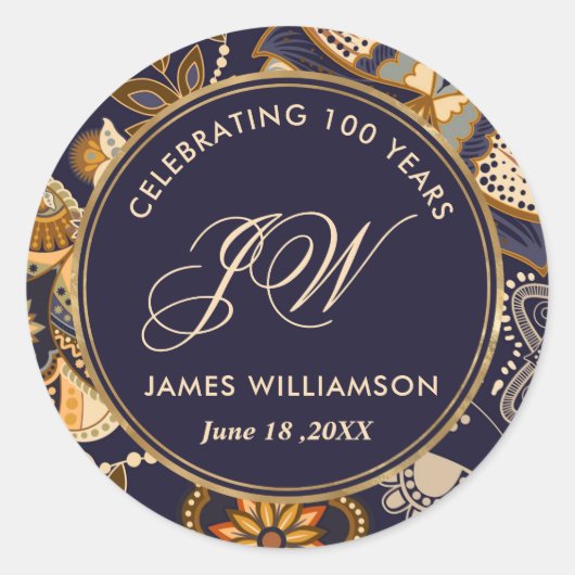 Elegant Blue and Gold Pattern 100e verjaardag Ronde Sticker (Voorkant)
