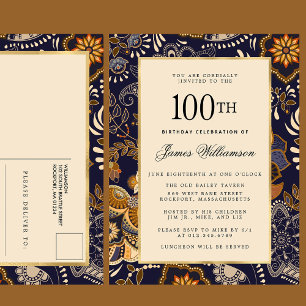 Elegant Blue and Gold Pattern 100e verjaardag Uitnodiging Briefkaart