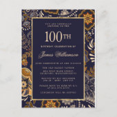 Elegant Blue and Gold Pattern 100e verjaardag Uitnodiging Briefkaart (Voorkant)