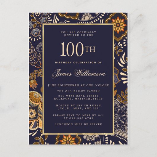 Elegant Blue and Gold Pattern 100e verjaardag Uitnodiging Briefkaart (Voorkant)