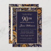 Elegant Blue and Gold Pattern 90th Birthday Uitnodiging Briefkaart (Voorkant / Achterkant)