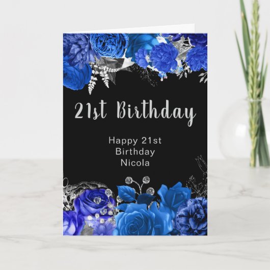 Elegant Blue and Silver Flowers Birthday Party Kaart (Voorkant)