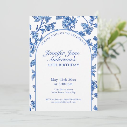 Elegant Blue and White 40th Birthday Party Kaart (Staand voorkant)