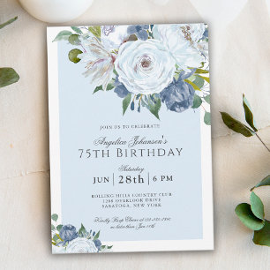 Elegant Blue and White Floral 75th Birthday Party Kaart