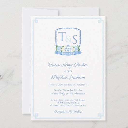 Elegant Blue and White Waterverf Crest Wedding Kaart (Voorkant)
