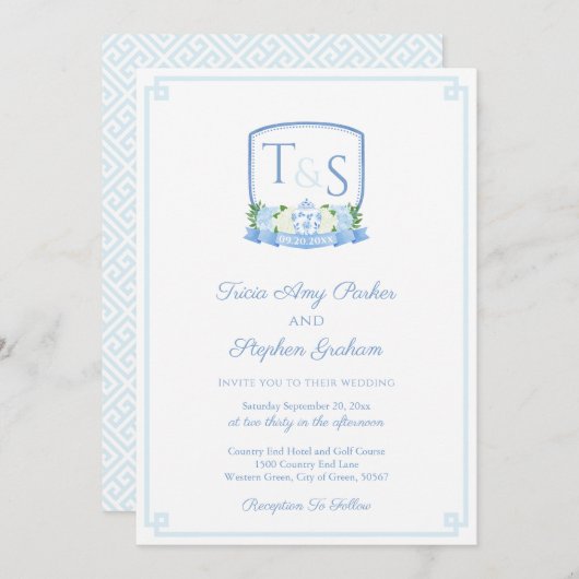 Elegant Blue and White Waterverf Crest Wedding Kaart (Voorkant / Achterkant)