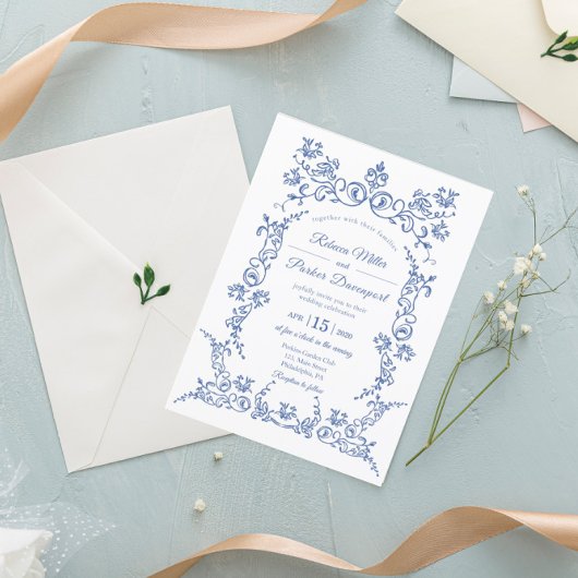 Elegant Blue and White Wedding Invitation Kaart
