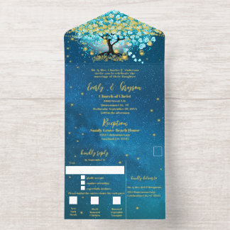 Elegant Blue Aqua Blauwgroen Heart Leaf Tree Weddi All In One Uitnodiging