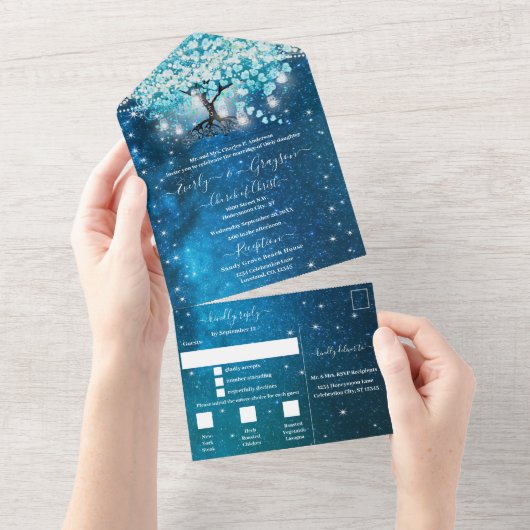 Elegant Blue Aqua Blauwgroen Heart Leaf Tree Weddi All In One Uitnodiging (Afscheurbaar)