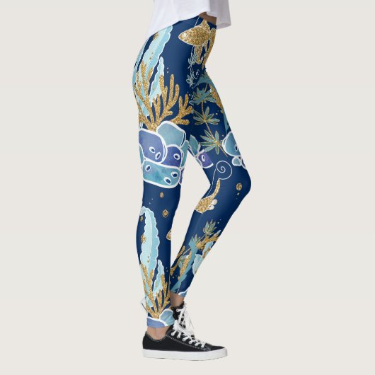 Elegant Blue Aqua Turquoise Gold Glitter Ocean Leggings (Rechts)