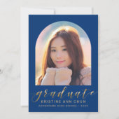Elegant Blue Arch Gold Script Foto Afstuderen Aankondiging (Voorkant)