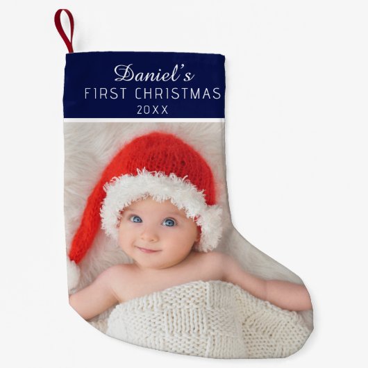 Elegant Blue Baby Photo Custom Name Kleine Kerstsok (Voorkant)