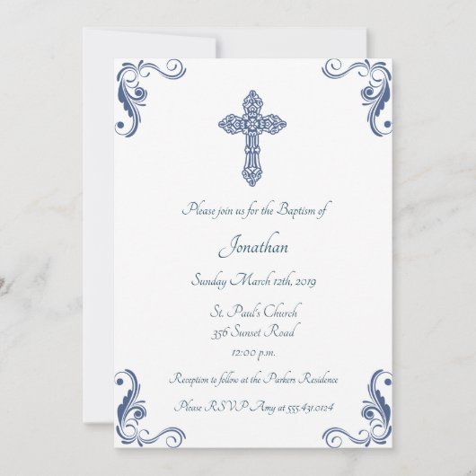 Elegant Blue Baptism/Christening Invitation Kaart (Voorkant)