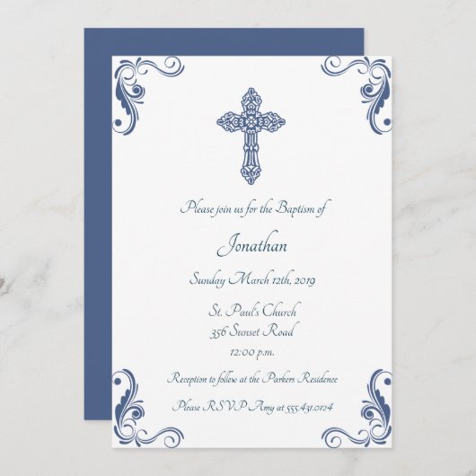 Elegant Blue Baptism/Christening Invitation Kaart (Voorkant / Achterkant)