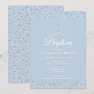 Elegant Blue Baptism Christening Silver Hearts Kaart