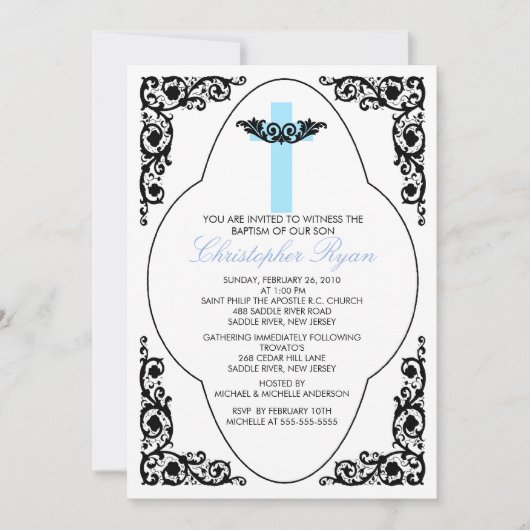 Elegant Blue & Black Baptism Invitation Kaart (Voorkant)