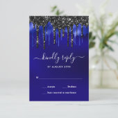 Elegant Blue Black Glitter Drift Wedding RSVP Kaartje (Staand voorkant)