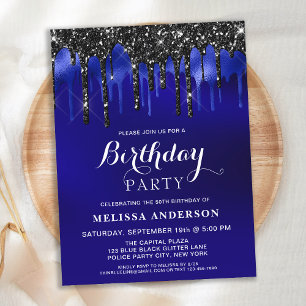 Elegant Blue Black Glitter schrijft op feestdag Briefkaart