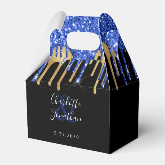 Elegant Blue Black Gold Glitter Drift Weddenschap Bedankdoosjes (Voorkant Zijde)