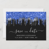 Elegant Blue Black Silver Glitter-drift Save The Date (Voorkant)