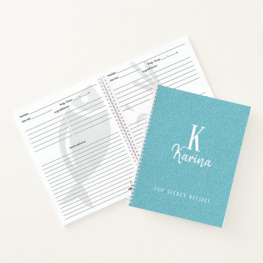 Elegant blue blauwgroen monogram scriptnaam recept notitieboek (Binnen)