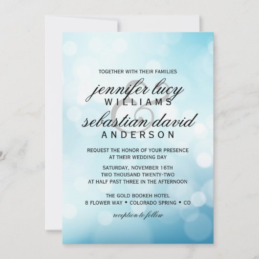 Elegant Blue Bokeh Light Chic Wedding Kaart (Voorkant)