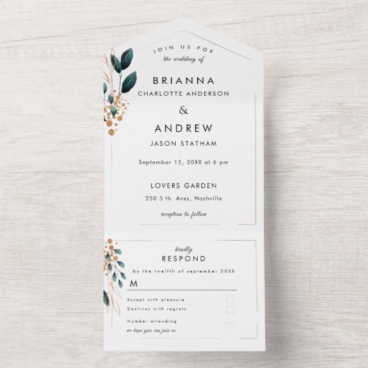 Elegant Blue Botanical All In One Uitnodiging (Binnen)