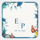 Elegant Blue Botanical Butterfly Monogram Wedding Vierkante Sticker (Voorkant)
