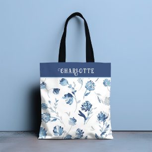 Elegant Blue Botanical Floral, gepersonaliseerde n Draagtas
