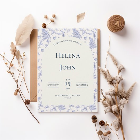 Elegant Blue Botanical Wedding Invitation