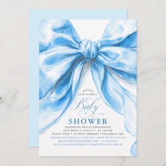 Elegant Blue Bow Boy Baby Shower Kaart (Voorkant / Achterkant)