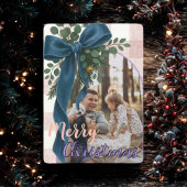 Elegant Blue Bow Christmas Two Photo Holiday Card Feestdagenkaart