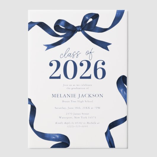 Elegant Blue Bow Graduation Party Vellum Uitnodigingen (Voorkant)