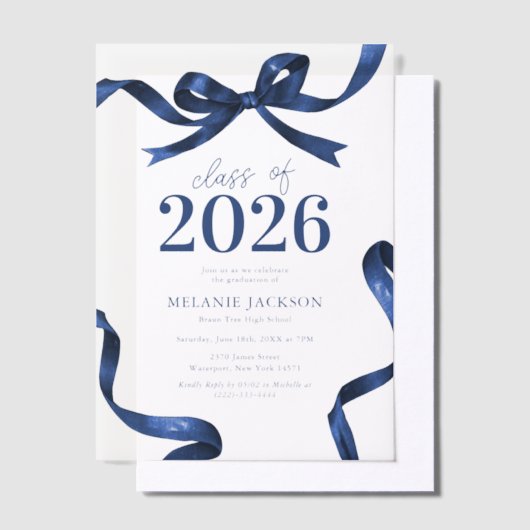 Elegant Blue Bow Graduation Party Vellum Uitnodigingen (Offset)