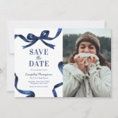 Elegant Blue Bow Graduation Save the Date (Voorkant)